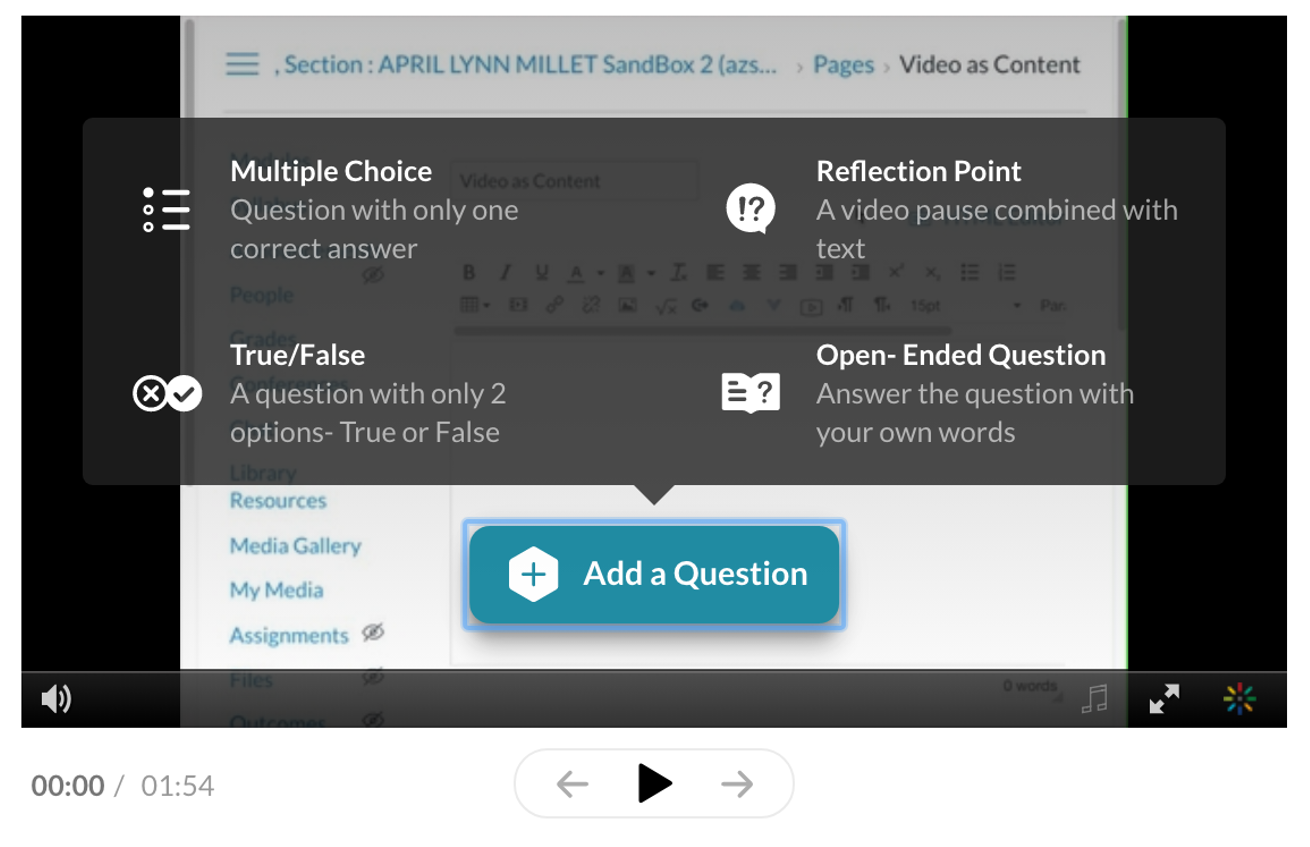 Video quiz interface showing 4 options including multiple choice, true or falso, open-ended and reflection points.