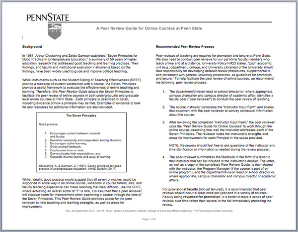 Screen shot of the Peer Review Guide for Online Teaching