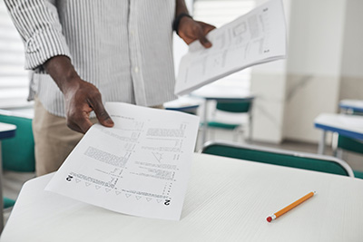 person setting a piece of paper (a test) on a desk