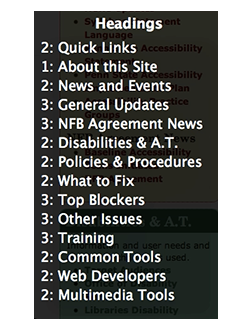 screen shot of a JAWS list of headings