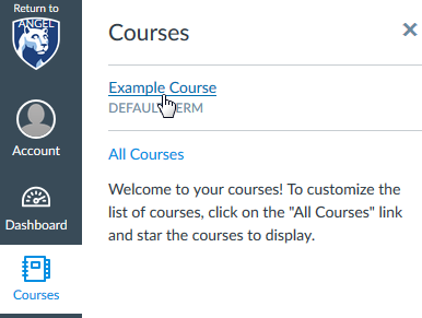 Screen capture of Courses menu with course name selected.